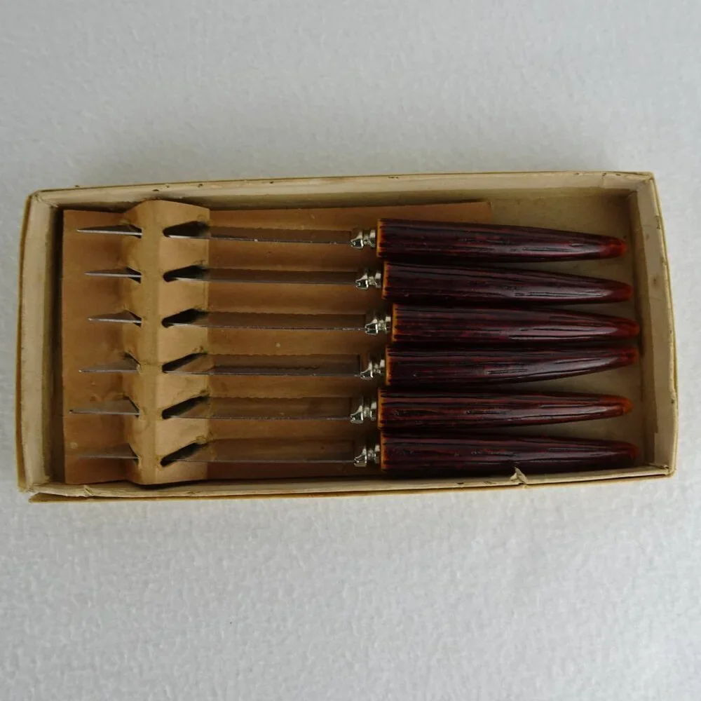 6 REGENT SHEFFIELD Steak Knives Stainless Blade Faux Antler Handle Original Box